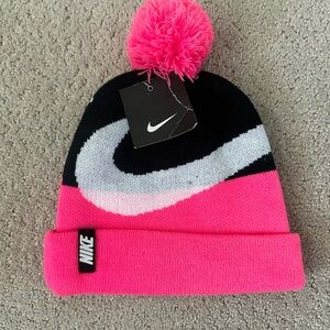 Nike Black and Pink Beanie with Pom